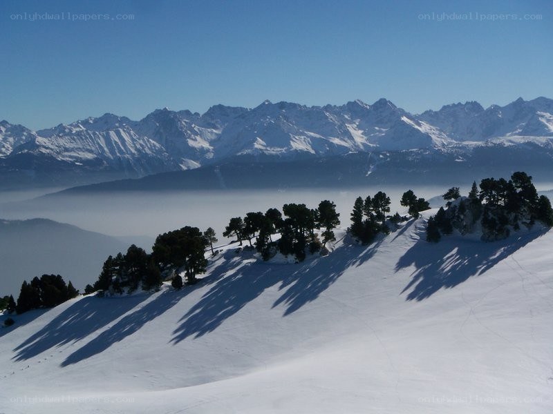 Snowy mountain landscape with trees