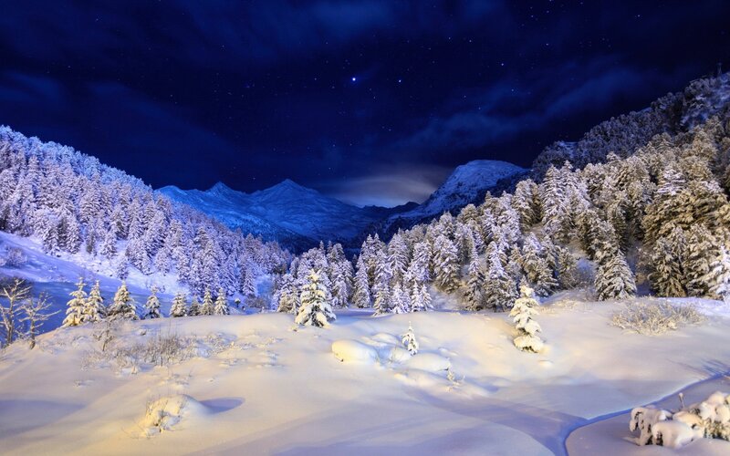 snowy mountain night landscape