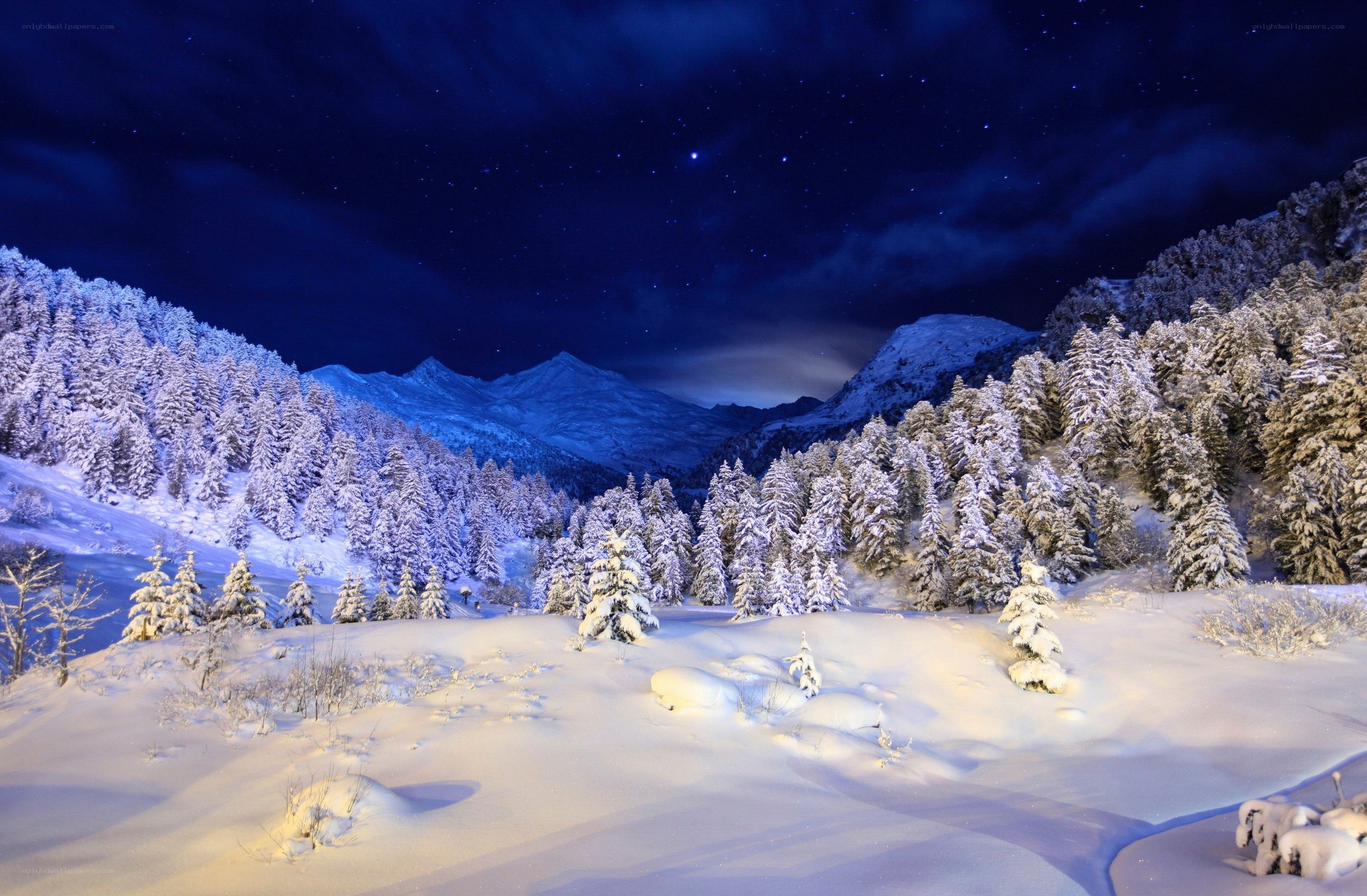 Snowy mountain night landscape
