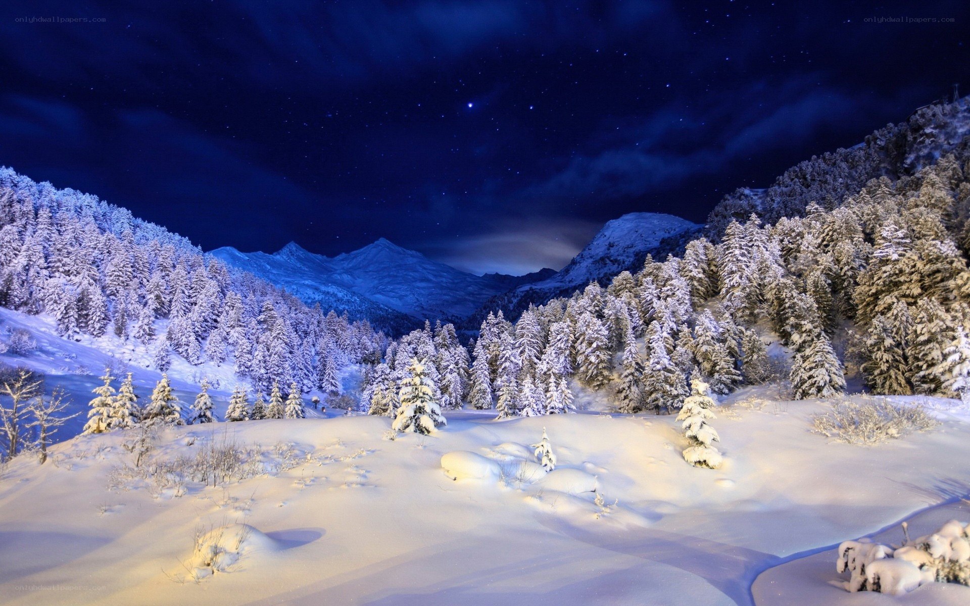 Snowy mountain night landscape