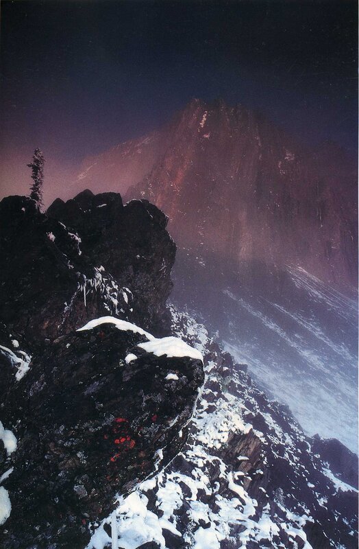 Snowy mountain peak at dusk