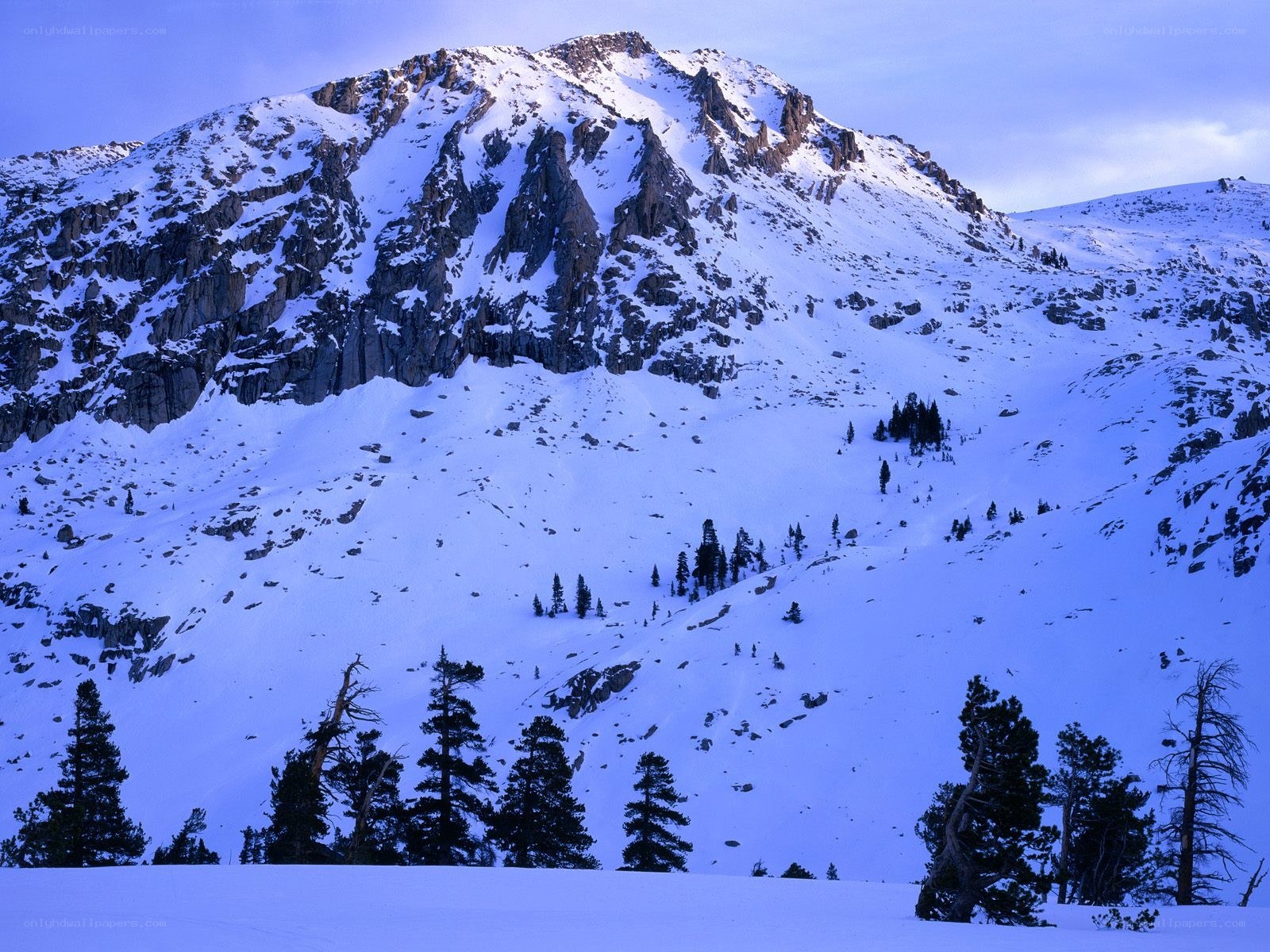 Snowy mountain peak at dusk