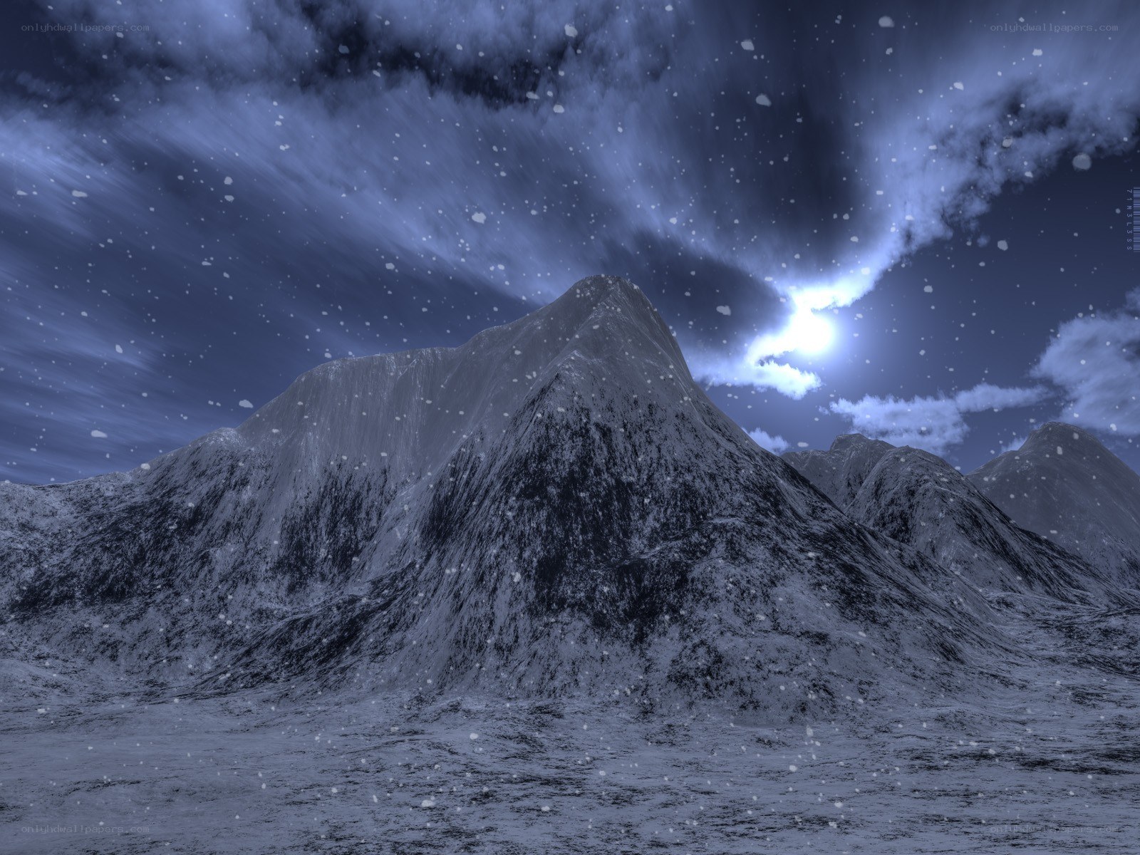 Snowy mountain peak at night