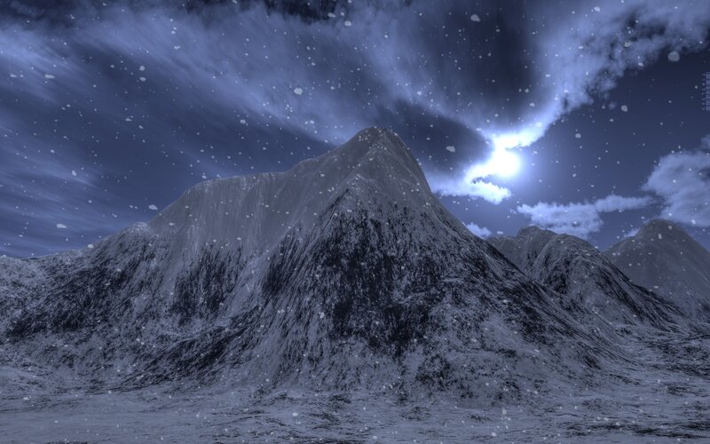 Snowy mountain peak at night