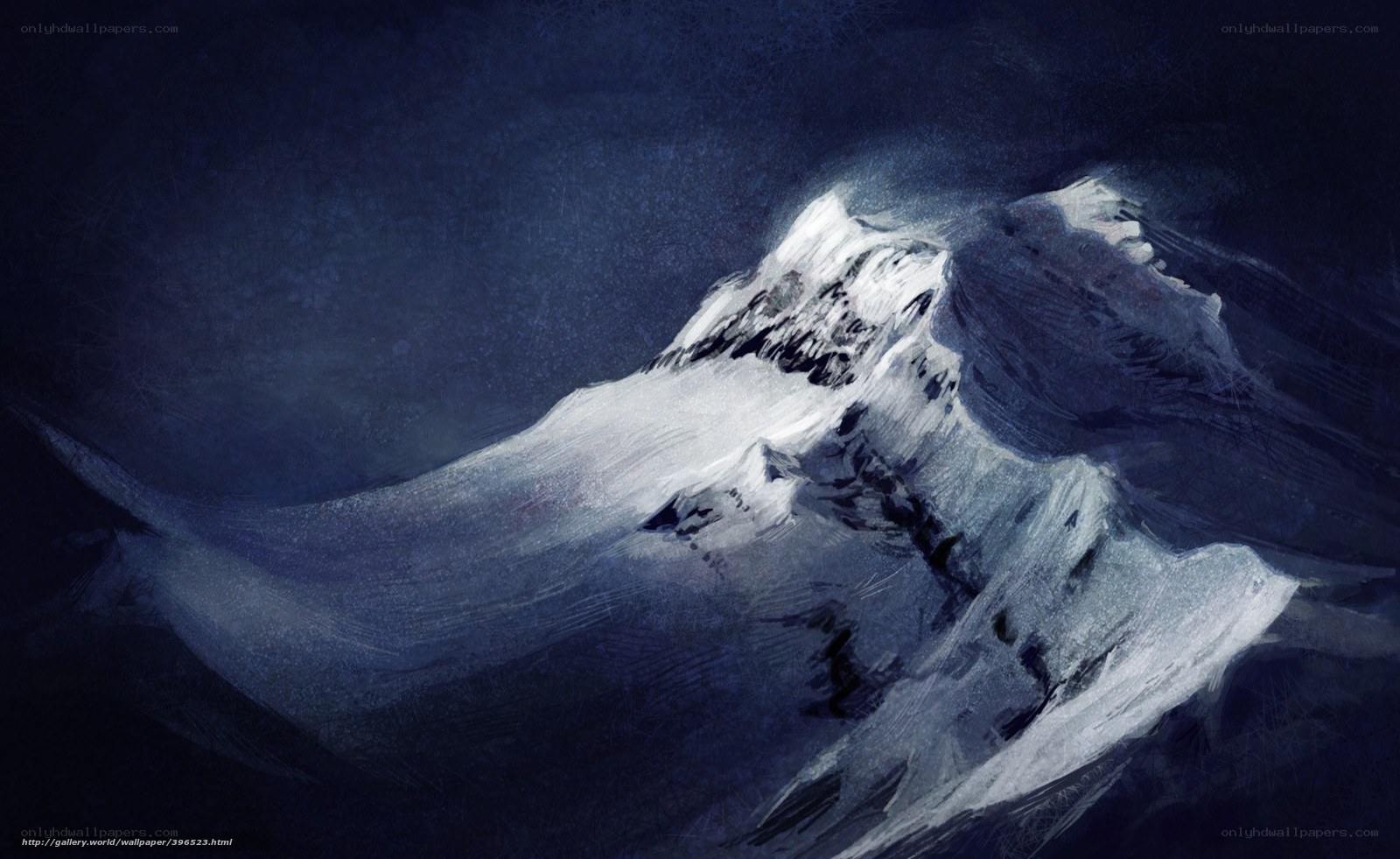 Snowy mountain peak at night
