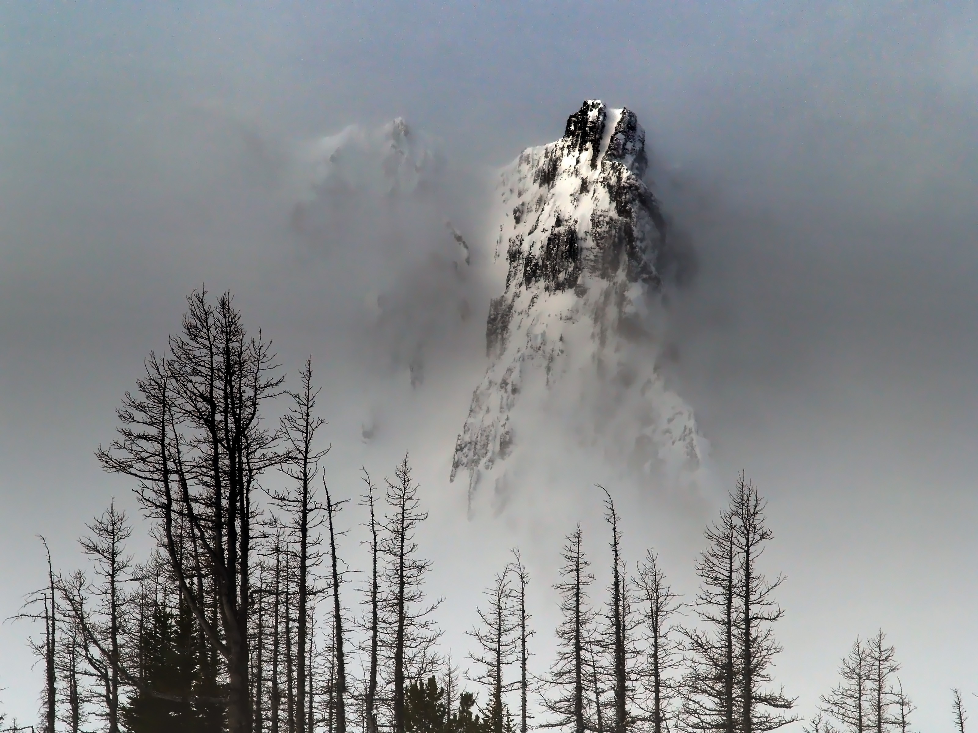Snowy mountain peak in fog