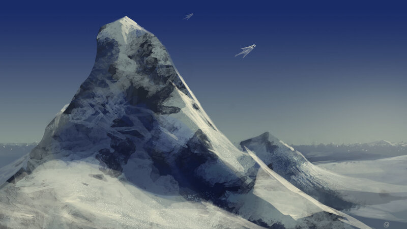 Snowy mountain peak with flying craft