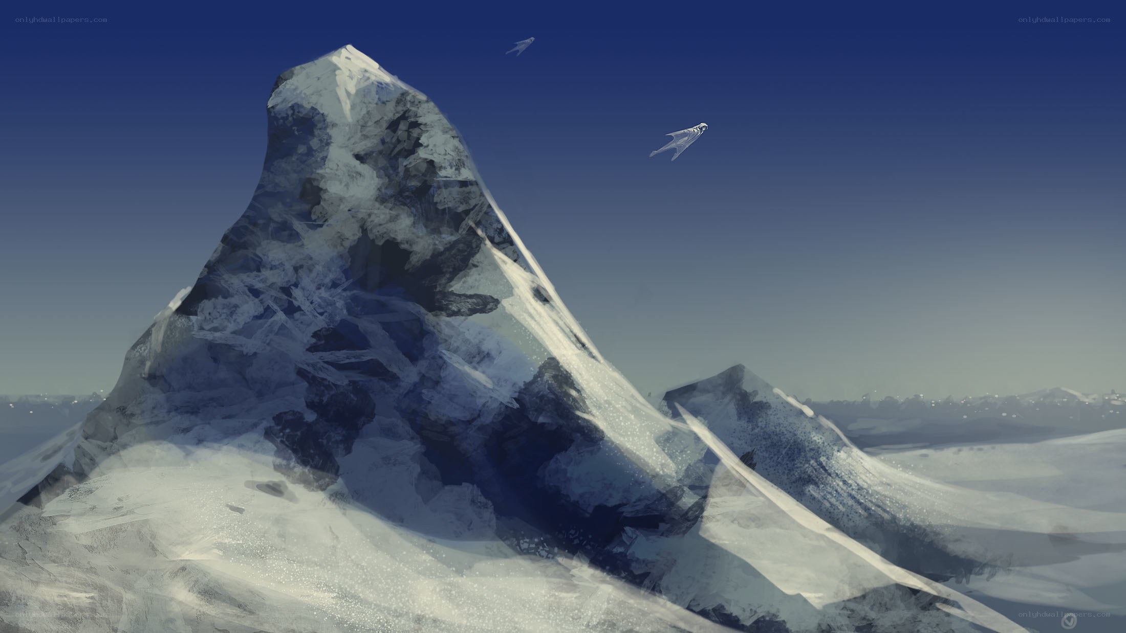 Snowy mountain peak with flying craft