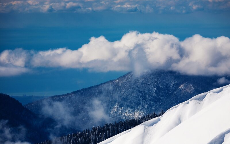 Snowy mountain peaks and clouds