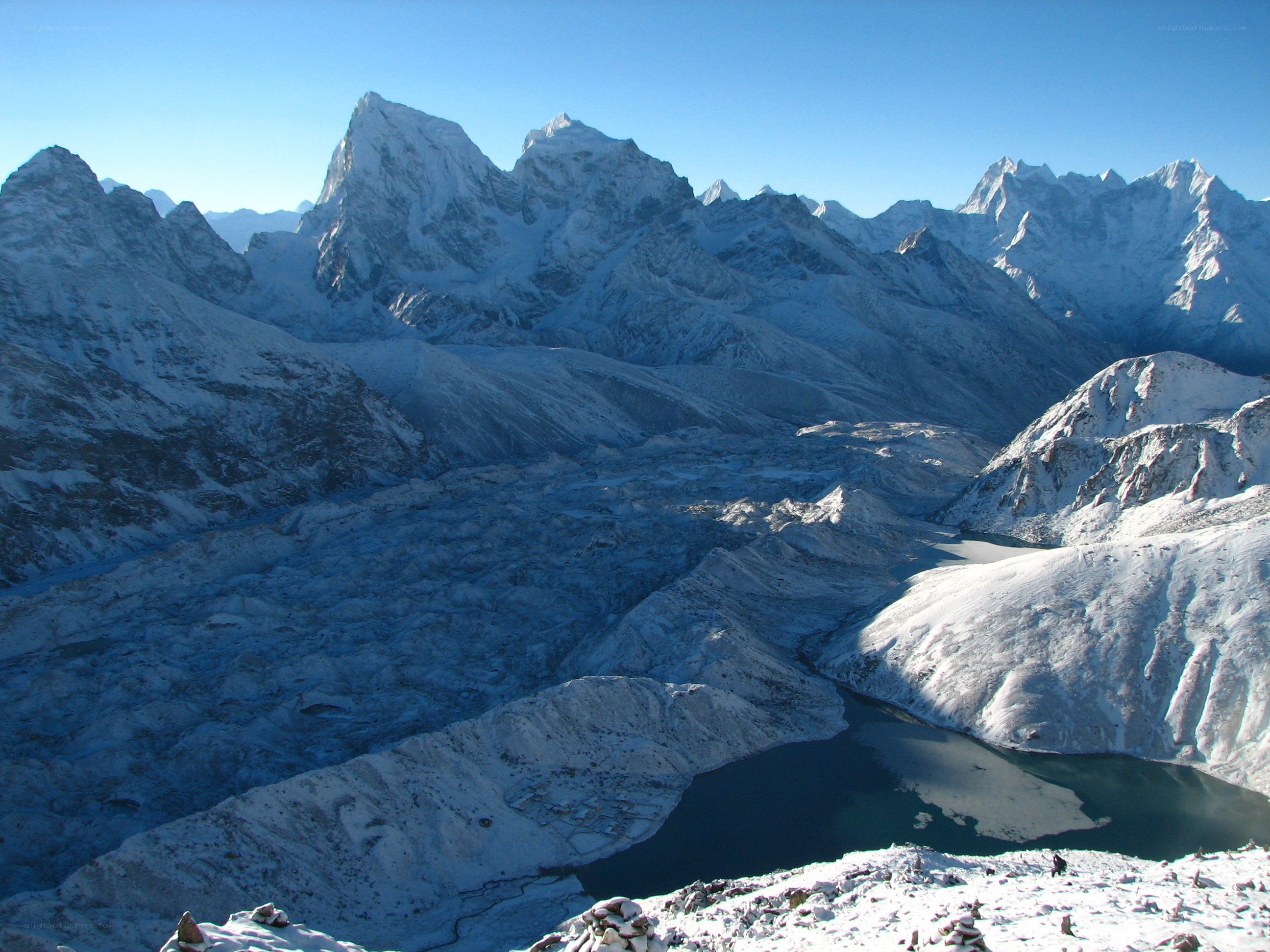 snowy mountain peaks and lake