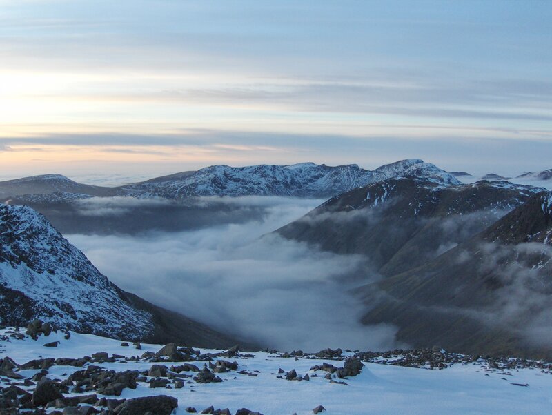 Snowy mountain peaks at dawn