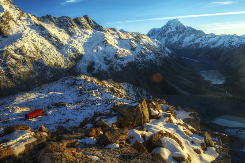 Snowy mountain peaks at sunrise