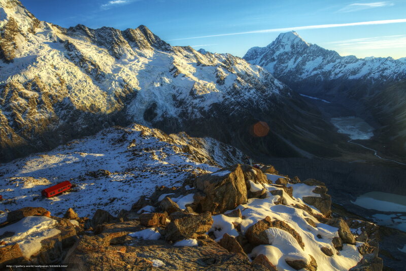 Snowy mountain peaks at sunrise