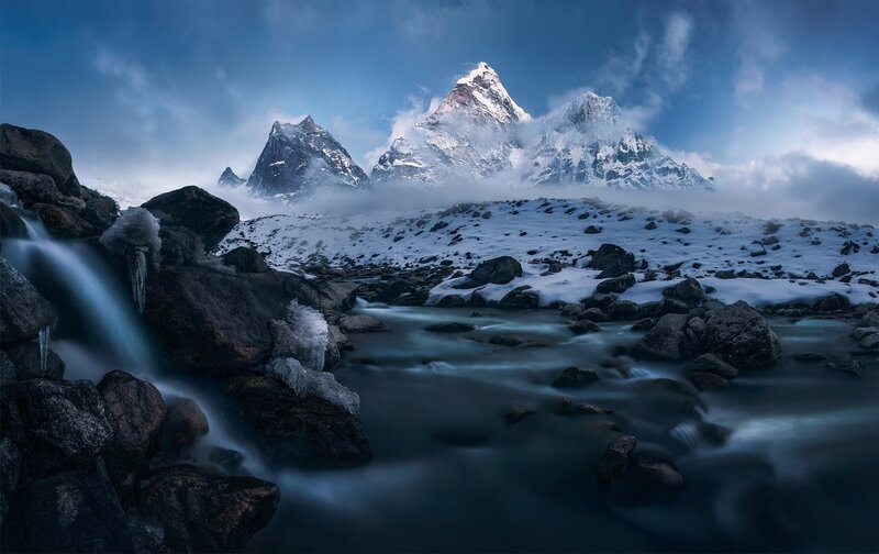 Snowy Mountain Peaks — Blue, Dramatic