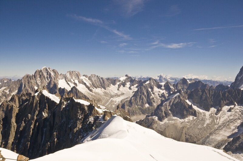 snowy mountain peaks under blue sky