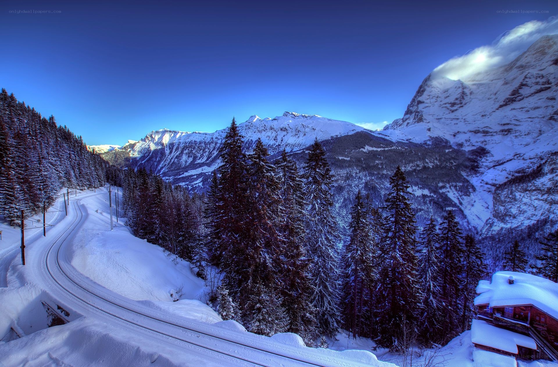 Snowy mountain railway landscape