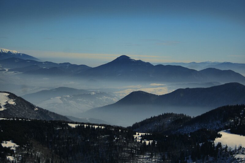 Snowy mountain range view