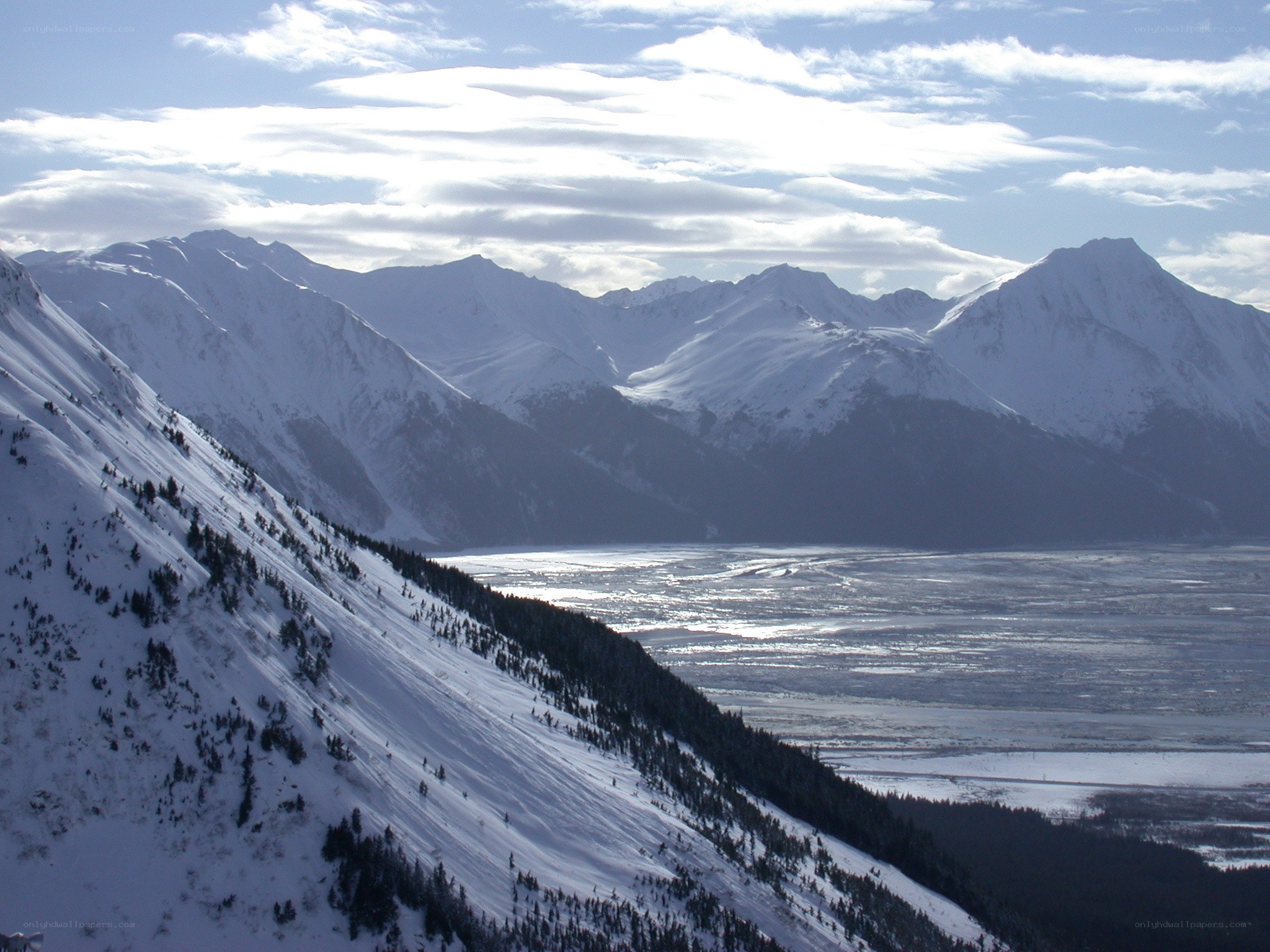 Snowy mountain range view