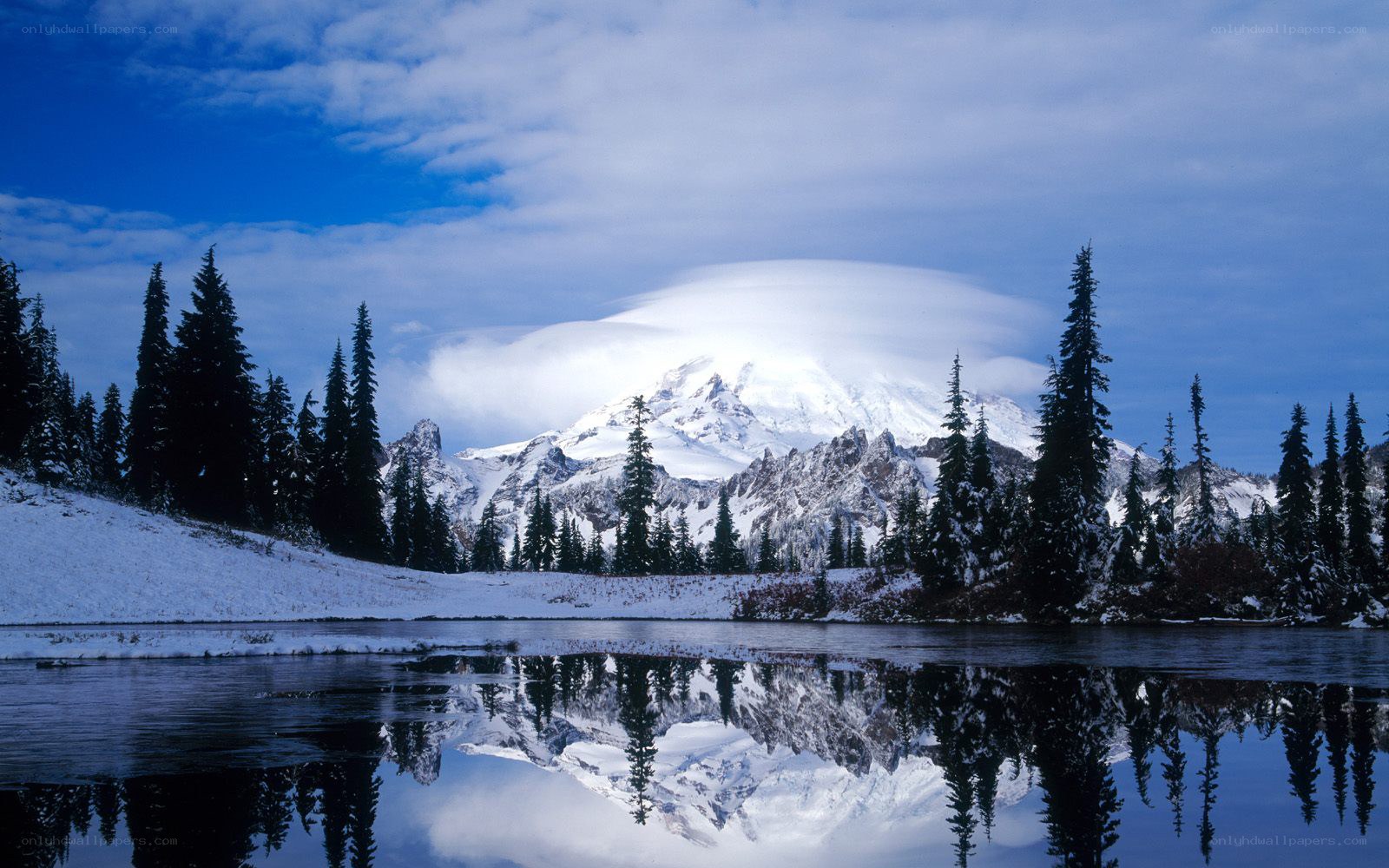 Snowy mountain reflected in lake