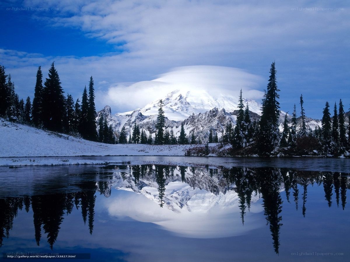 Snowy mountain reflection in lake