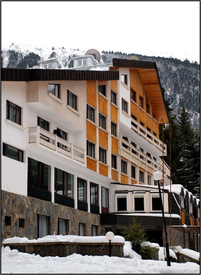 Snowy mountain resort building