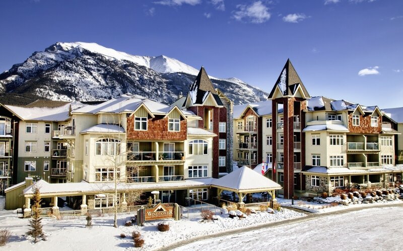 Snowy mountain resort buildings