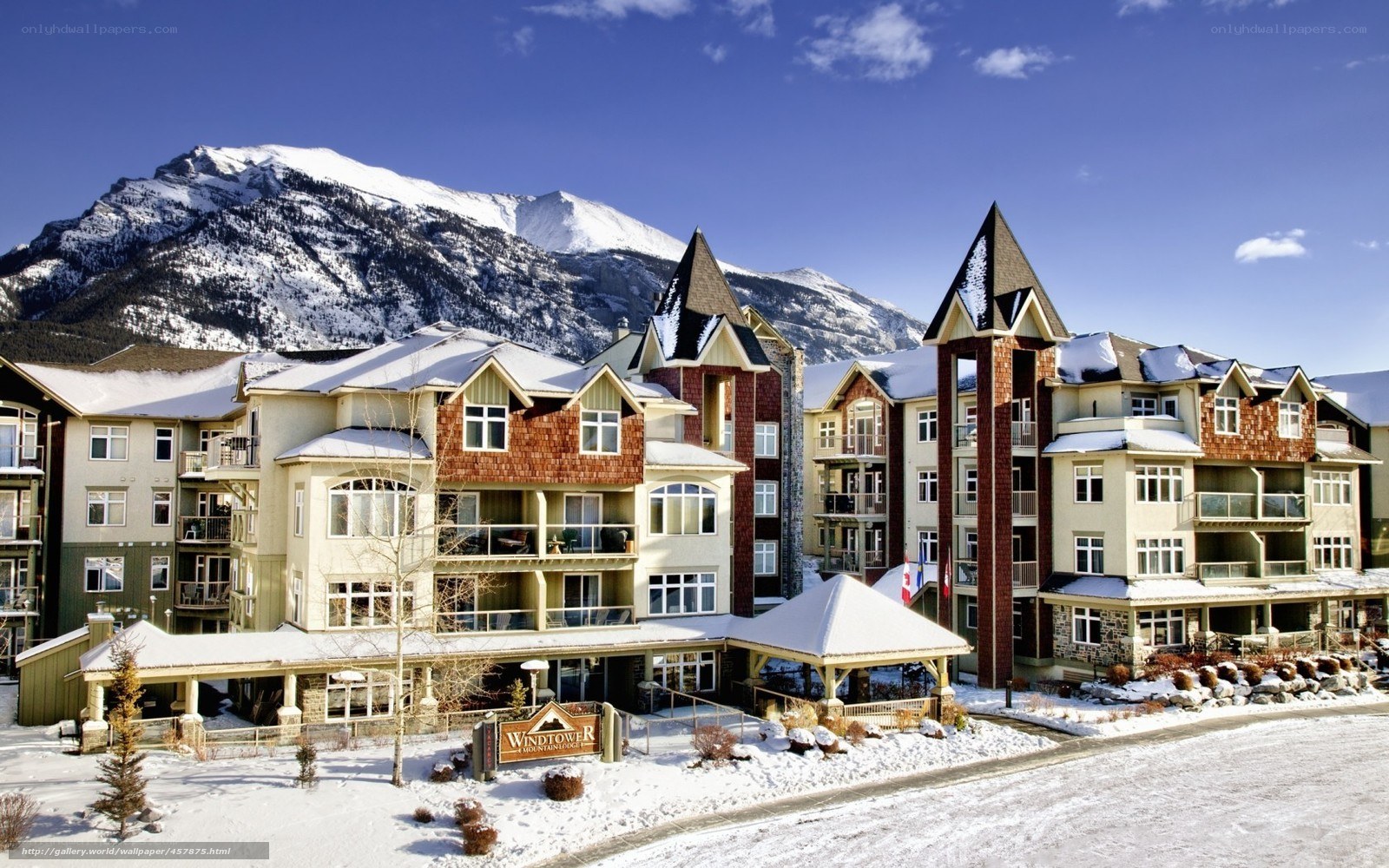 Snowy mountain resort buildings