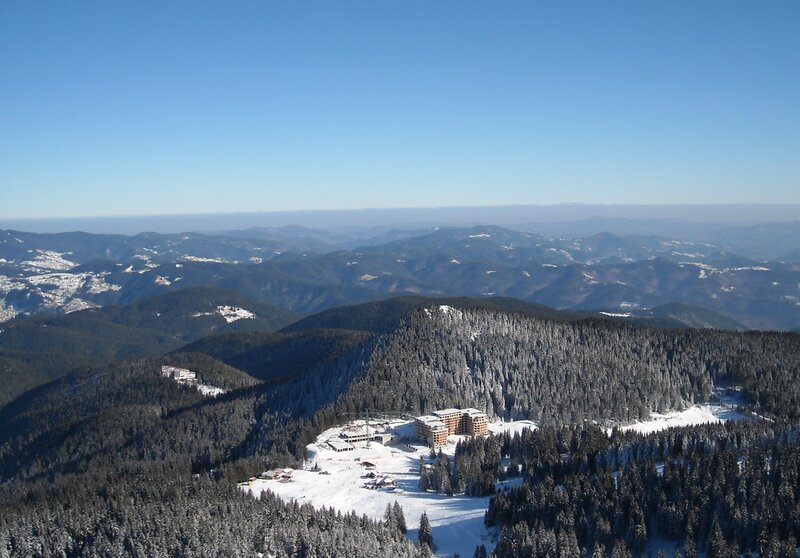 Snowy mountain resort view