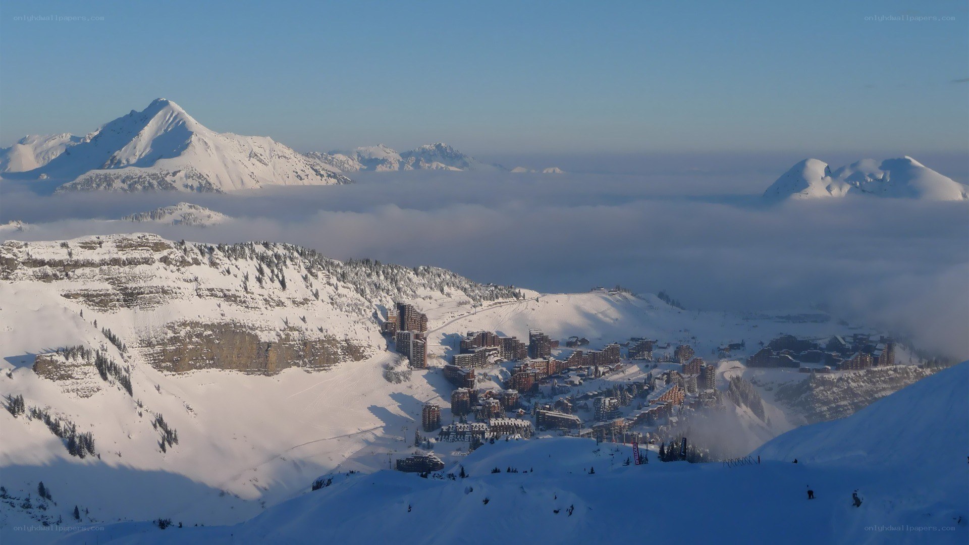 Snowy mountain resort village