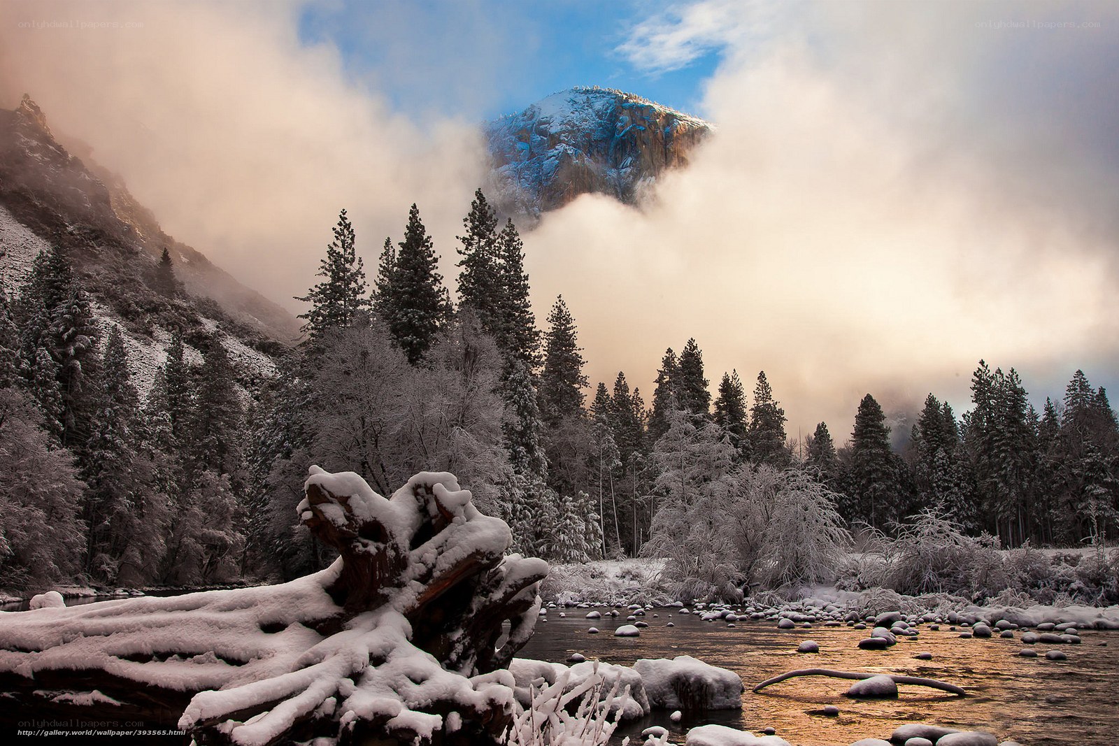 Snowy mountain river landscape