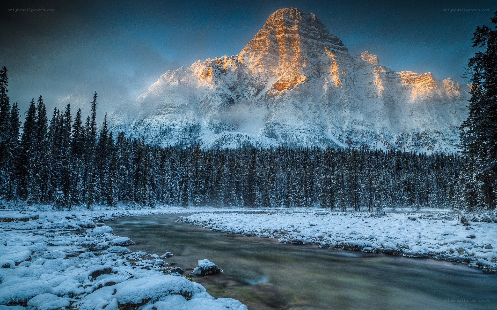 Snowy mountain river landscape
