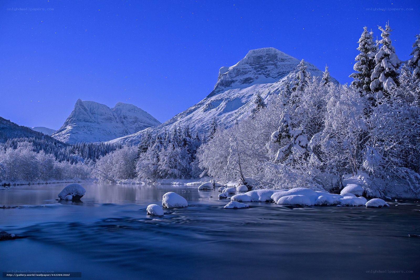 Snowy mountain river landscape