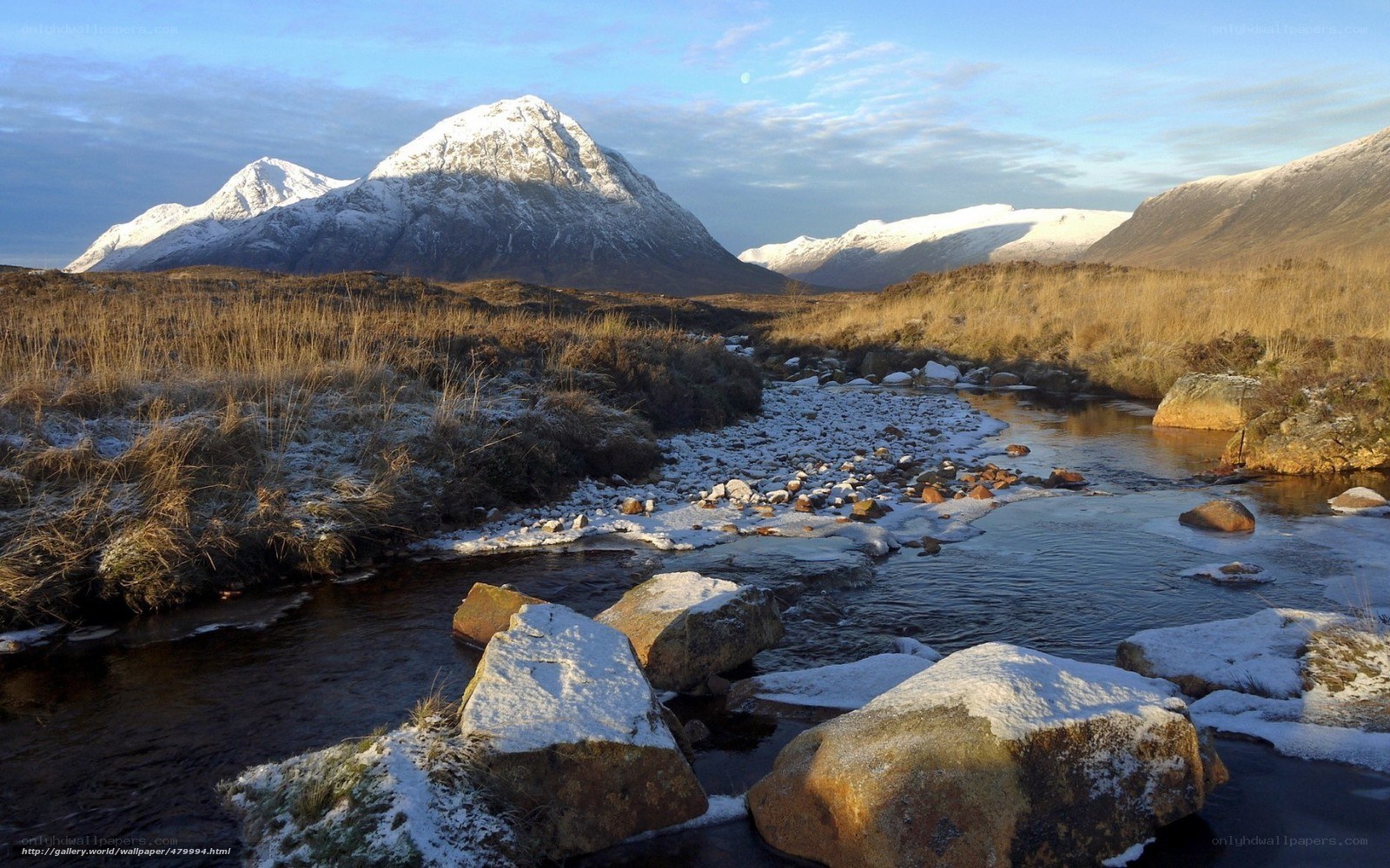 Snowy mountain river landscape