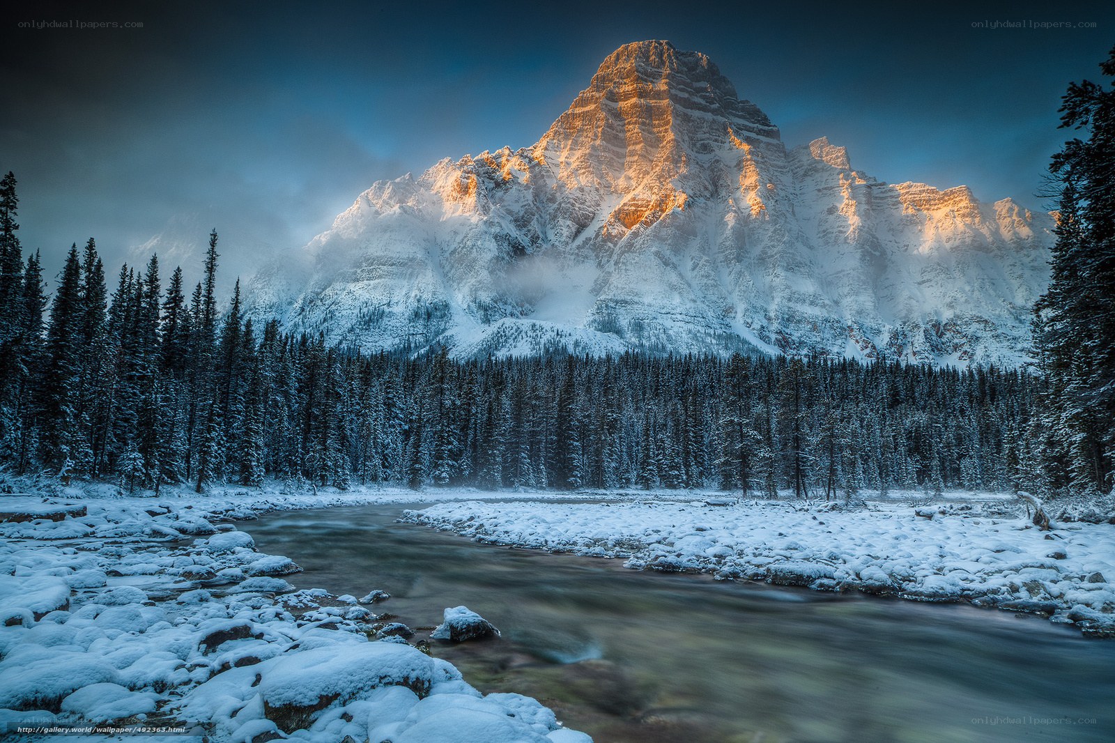 Snowy mountain river landscape