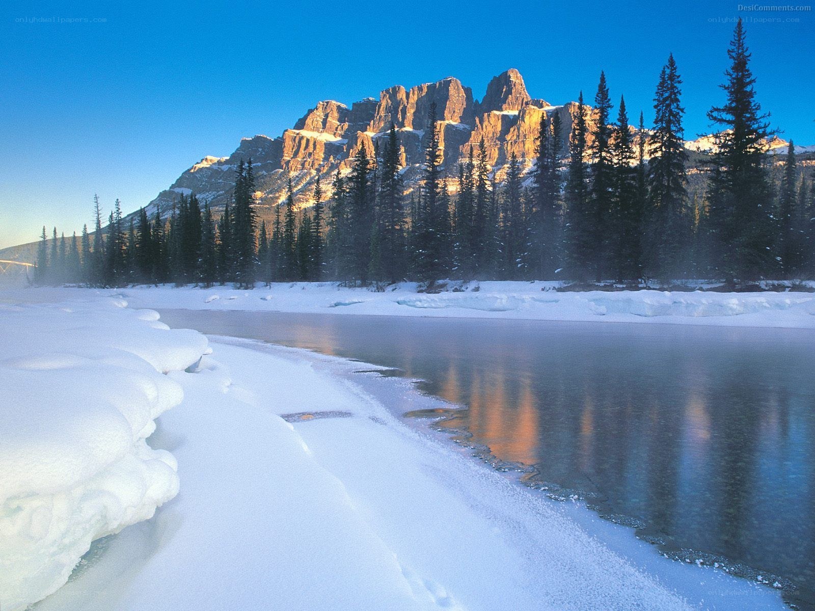 Snowy mountain river landscape