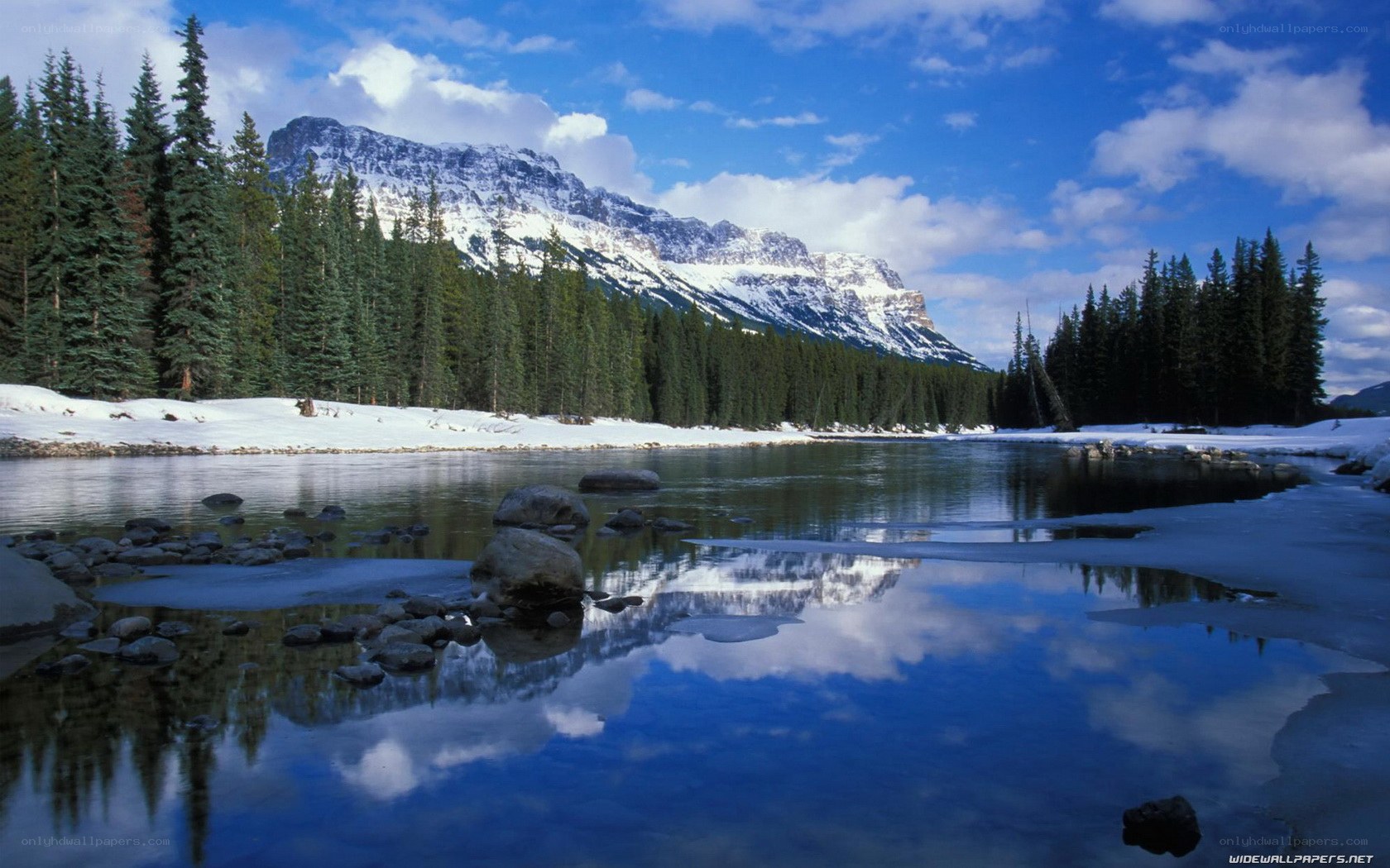 Snowy mountain river landscape