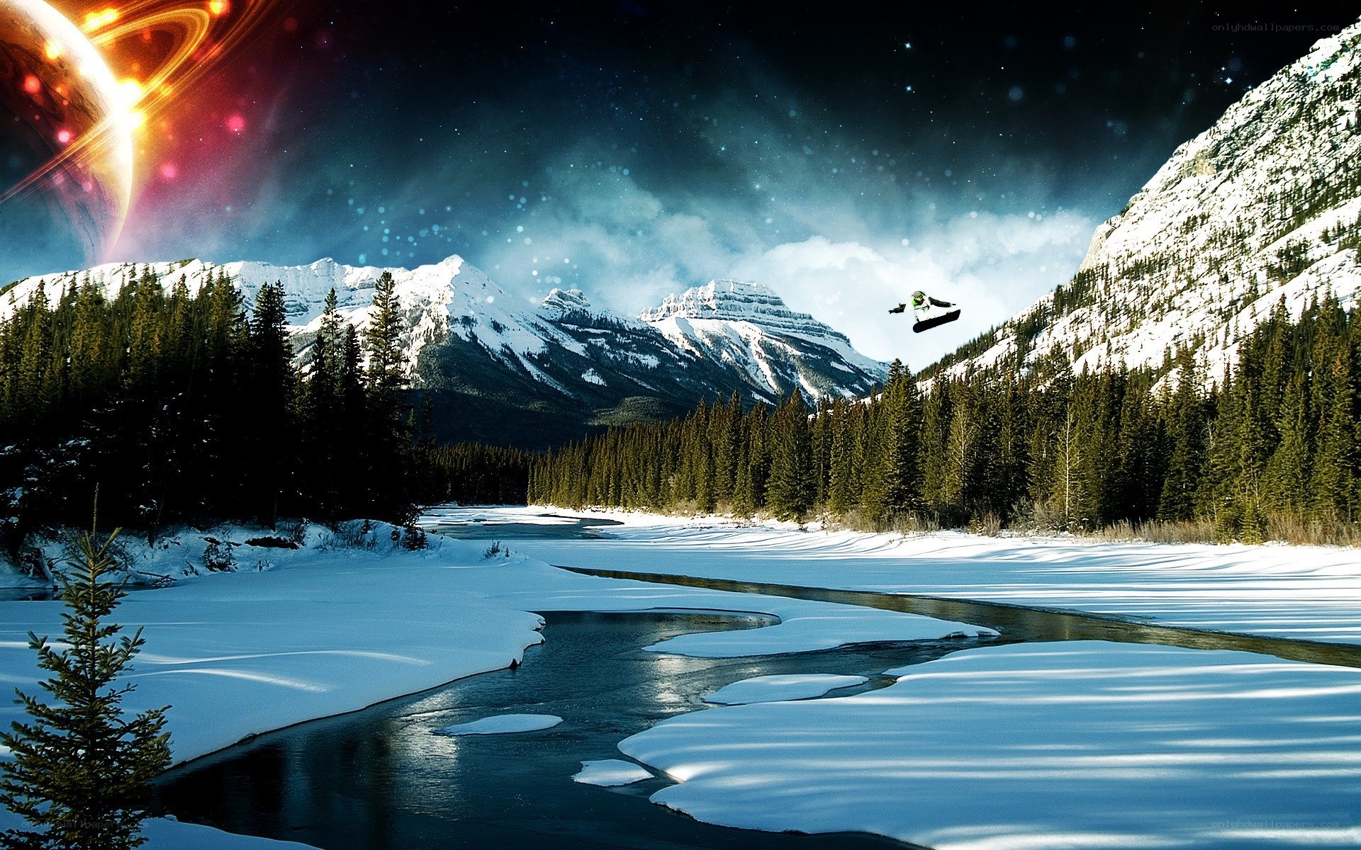 Snowy mountain river landscape