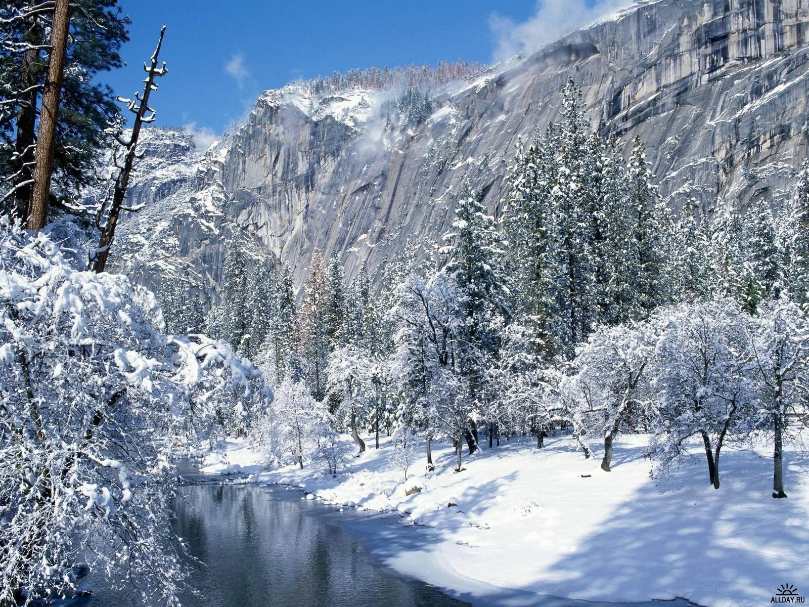 Snowy mountain river landscape