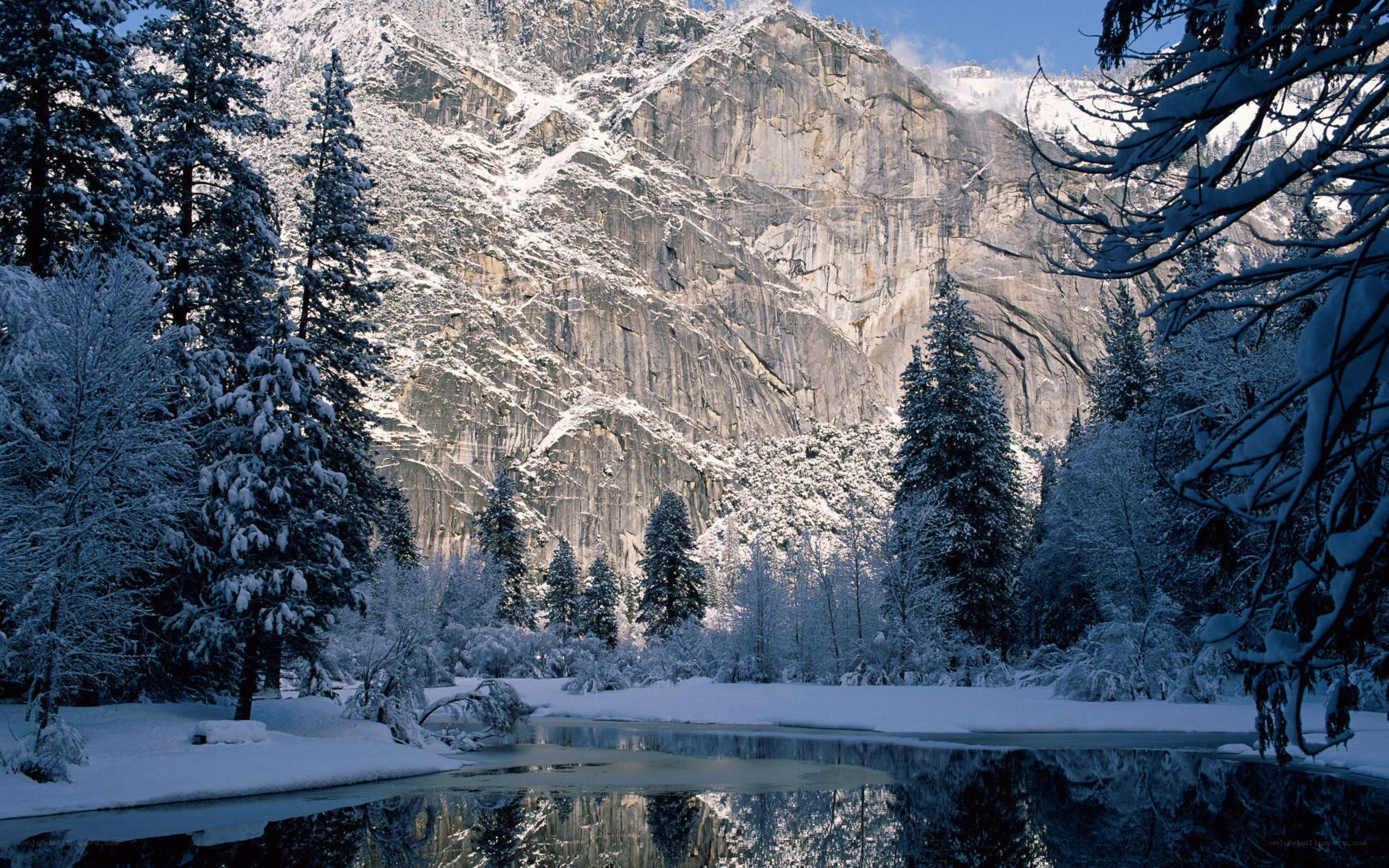 Snowy mountain river landscape