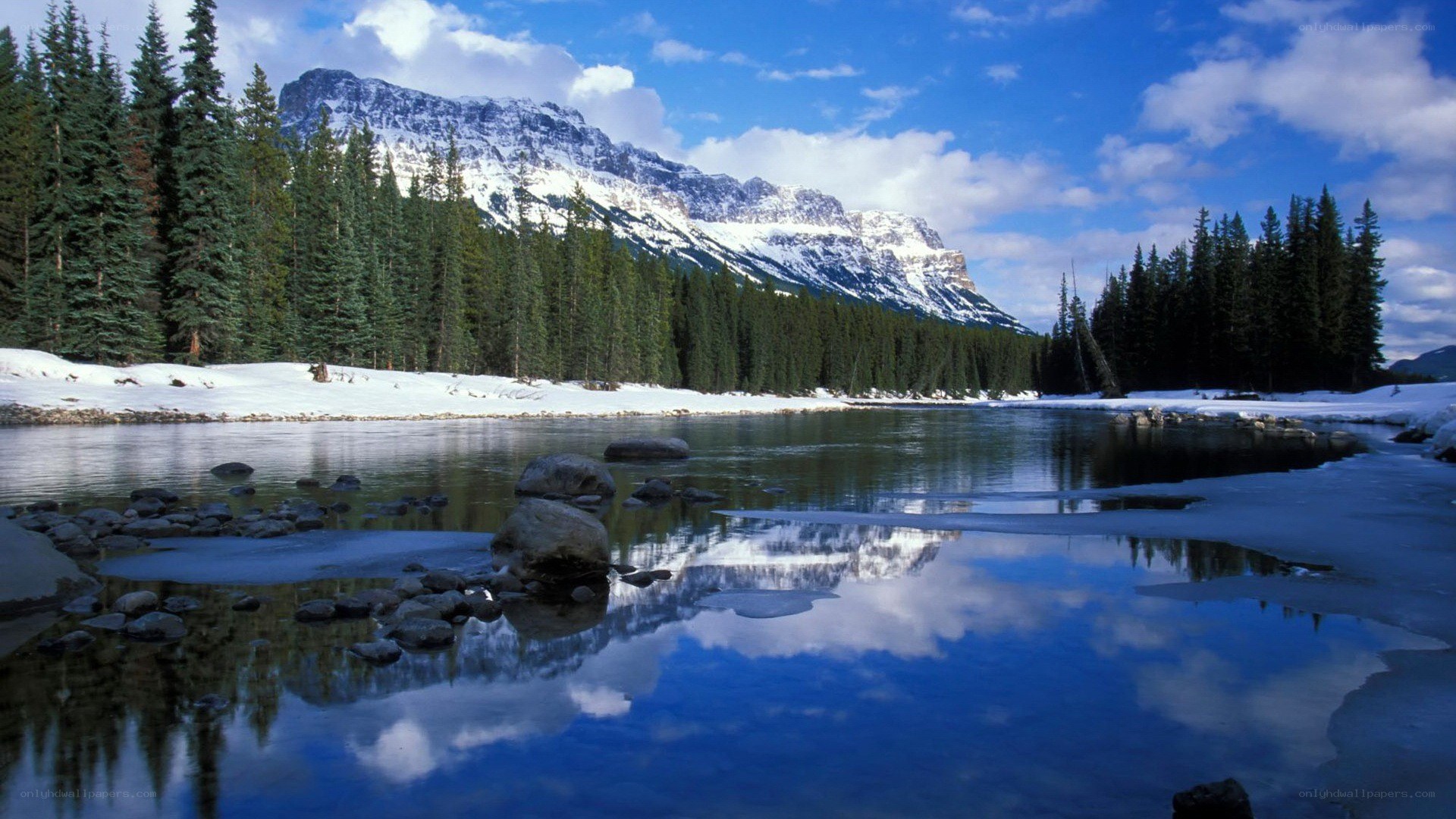 Snowy mountain river landscape
