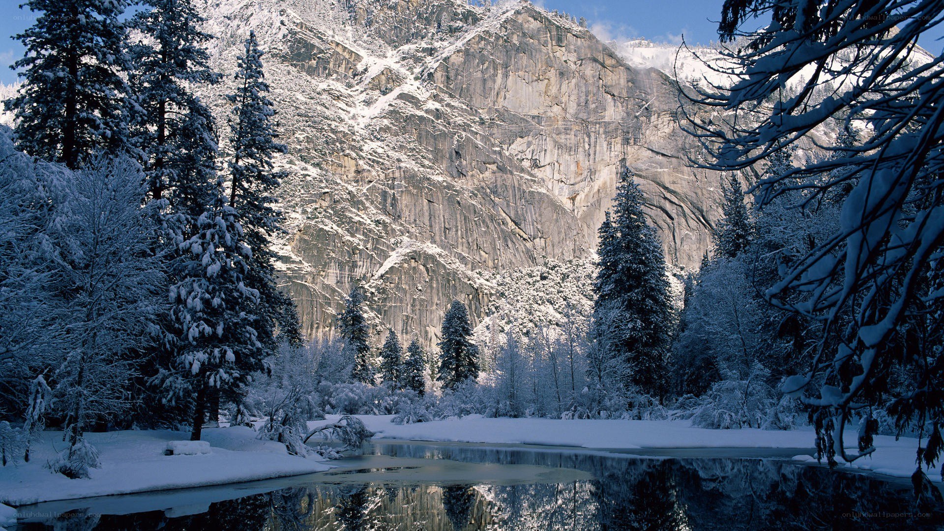 Snowy mountain river landscape