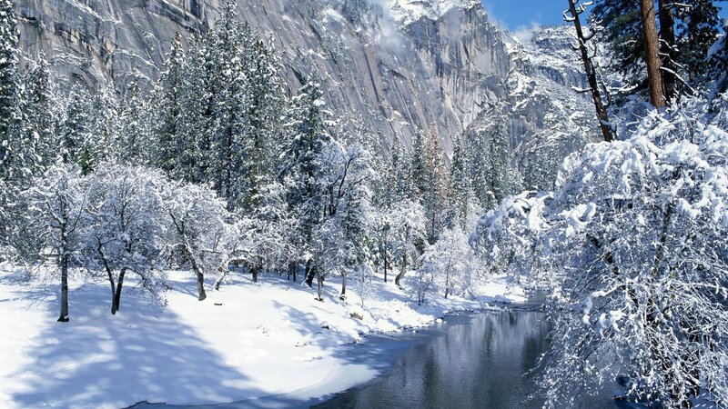 Snowy mountain river landscape
