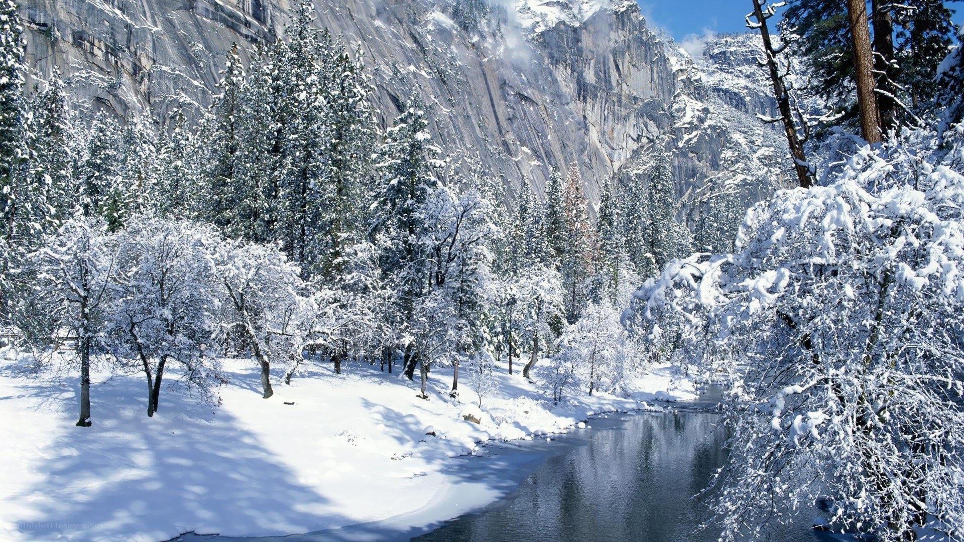 Snowy mountain river landscape