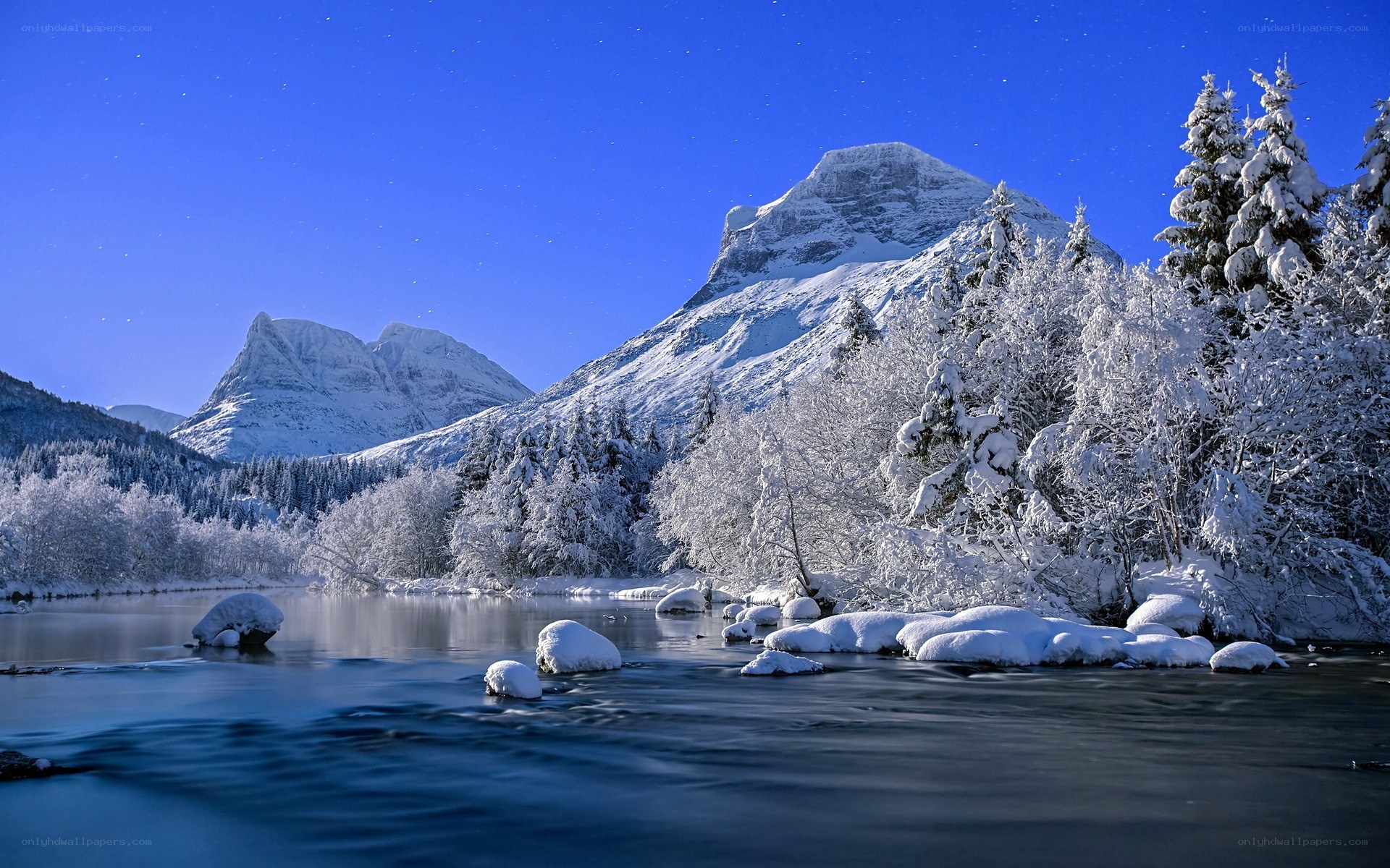 Snowy mountain river landscape