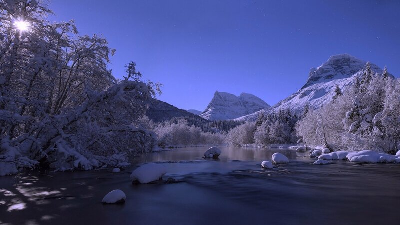 Snowy mountain river landscape