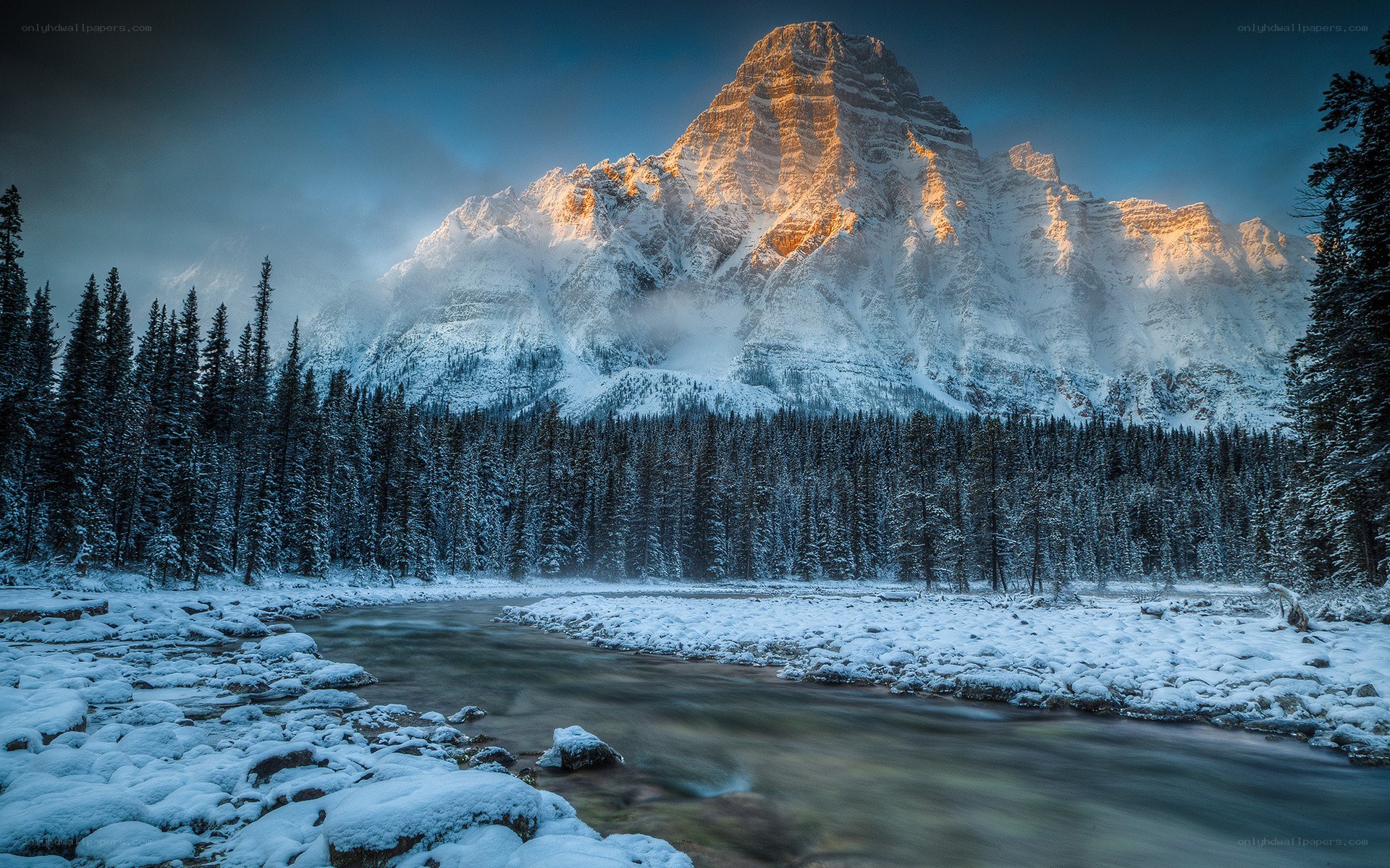 Snowy mountain river landscape