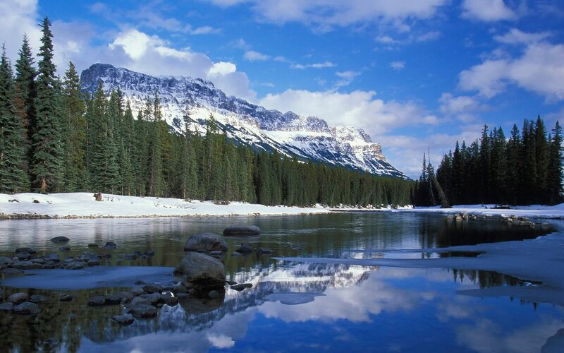 Snowy mountain river landscape