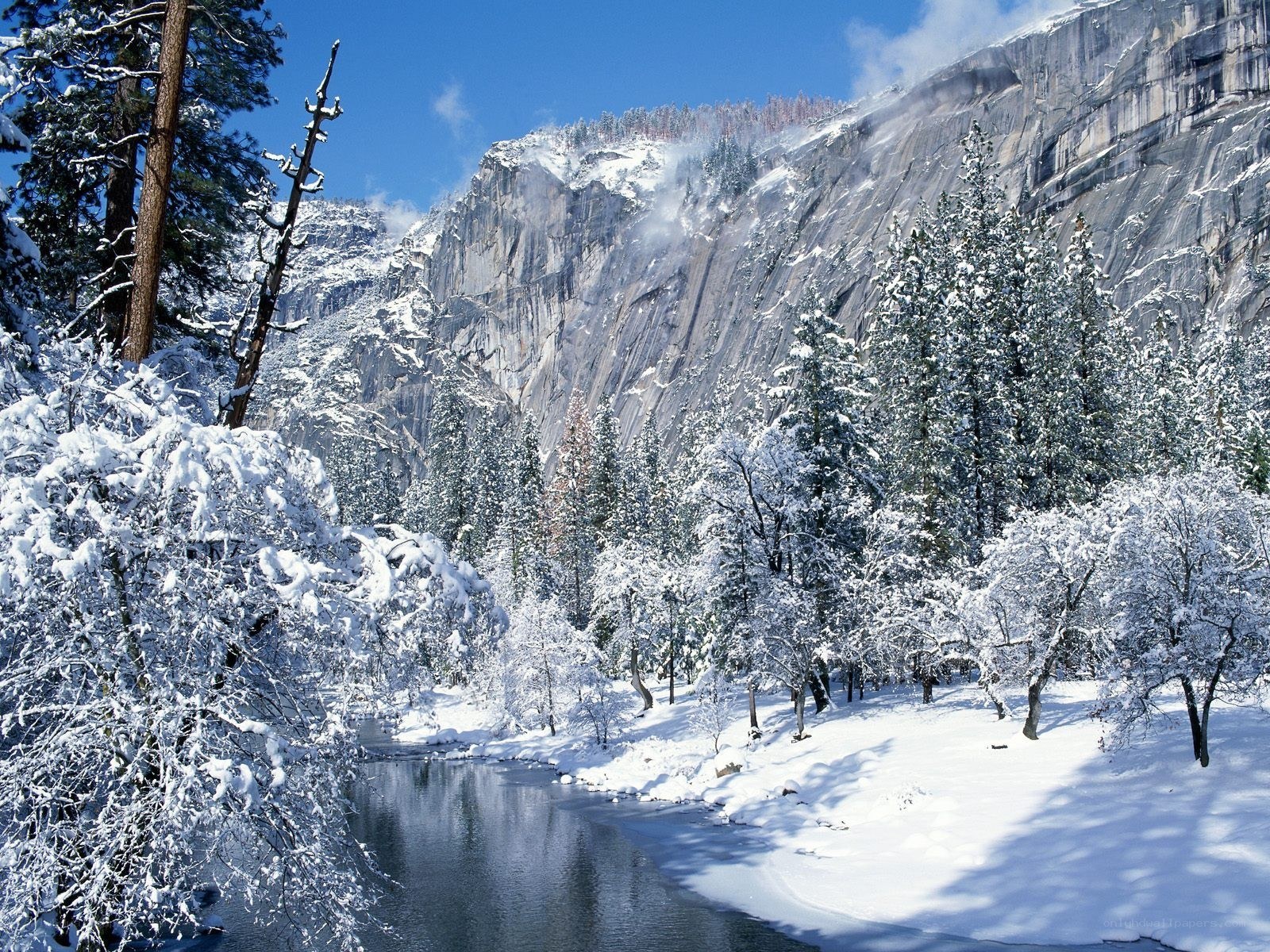 Snowy mountain river landscape
