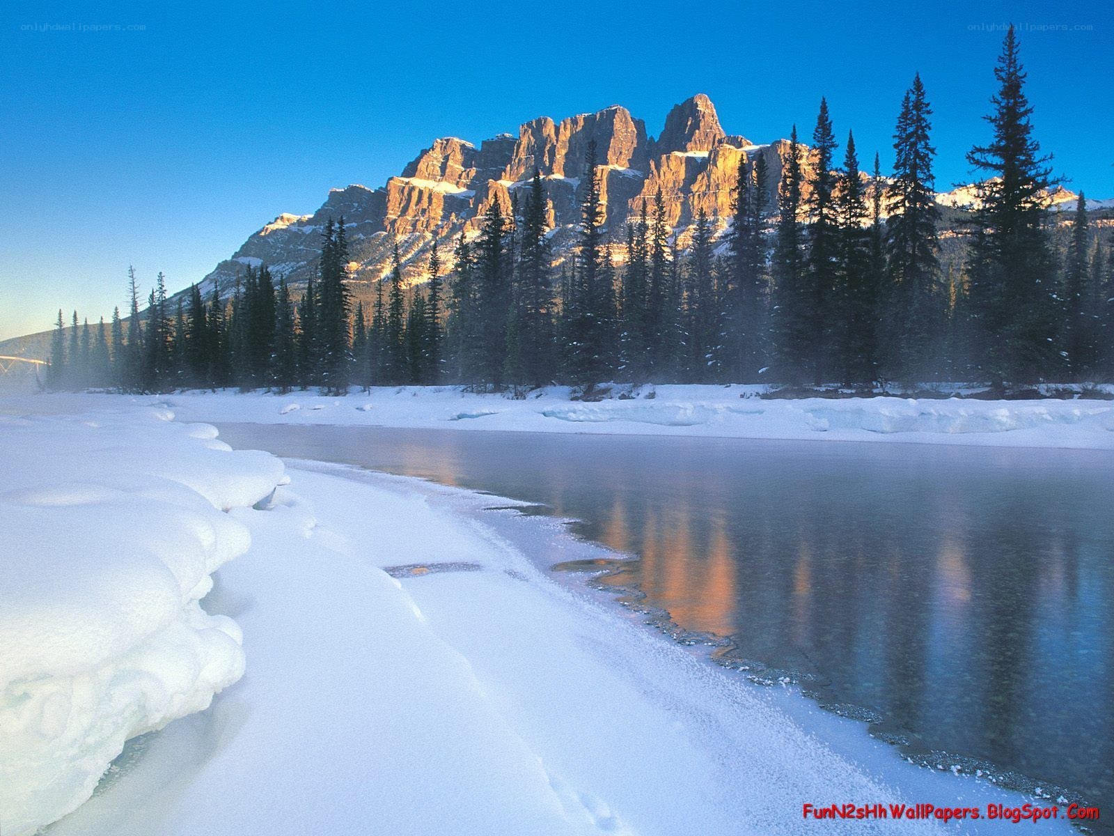 Snowy mountain river landscape