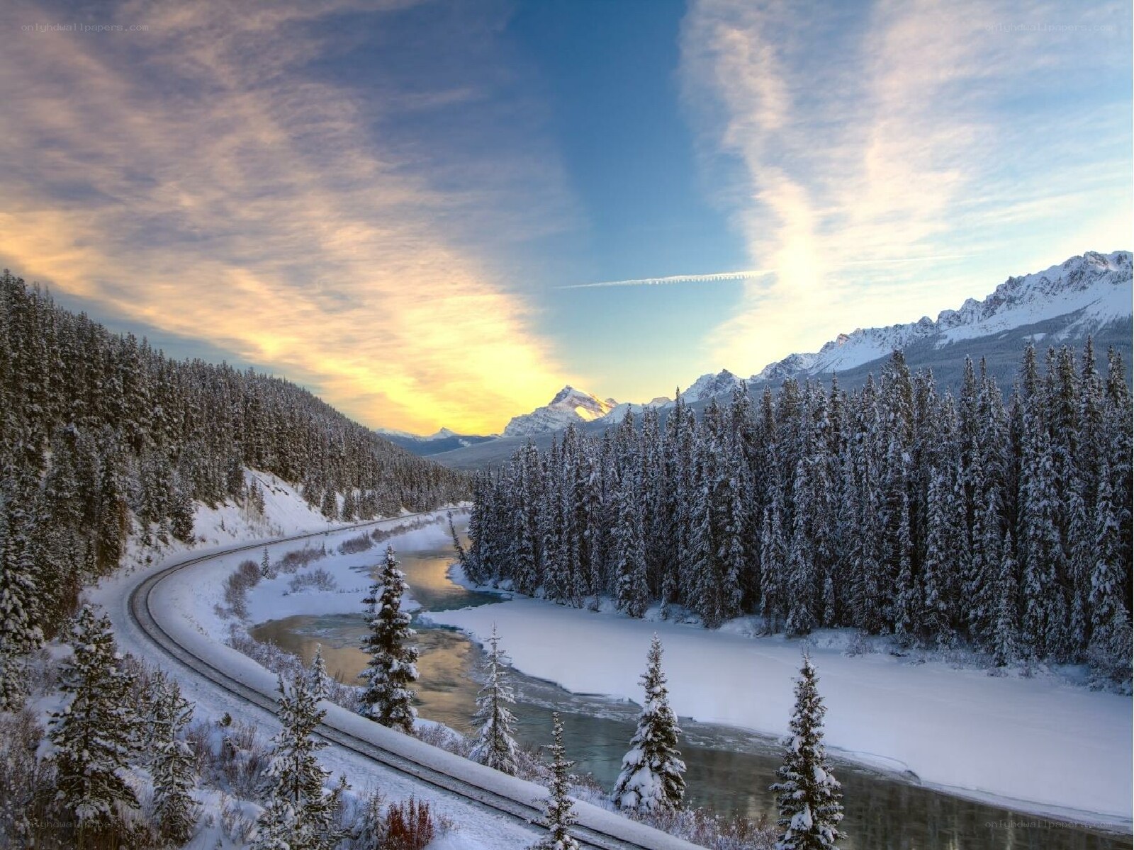Snowy mountain river landscape
